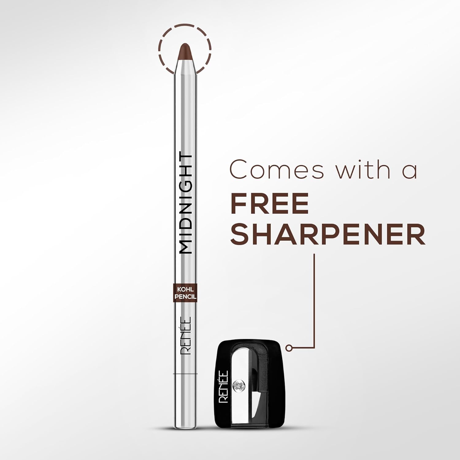 RENEE Midnight Kohl Pencil- Brown | Waterproof, Smudge-proof Kajal With Sharpener | Matte Finish, Long-lasting Upto 24 Hours | One-swipe Application With Vitamin E | 1.5 g