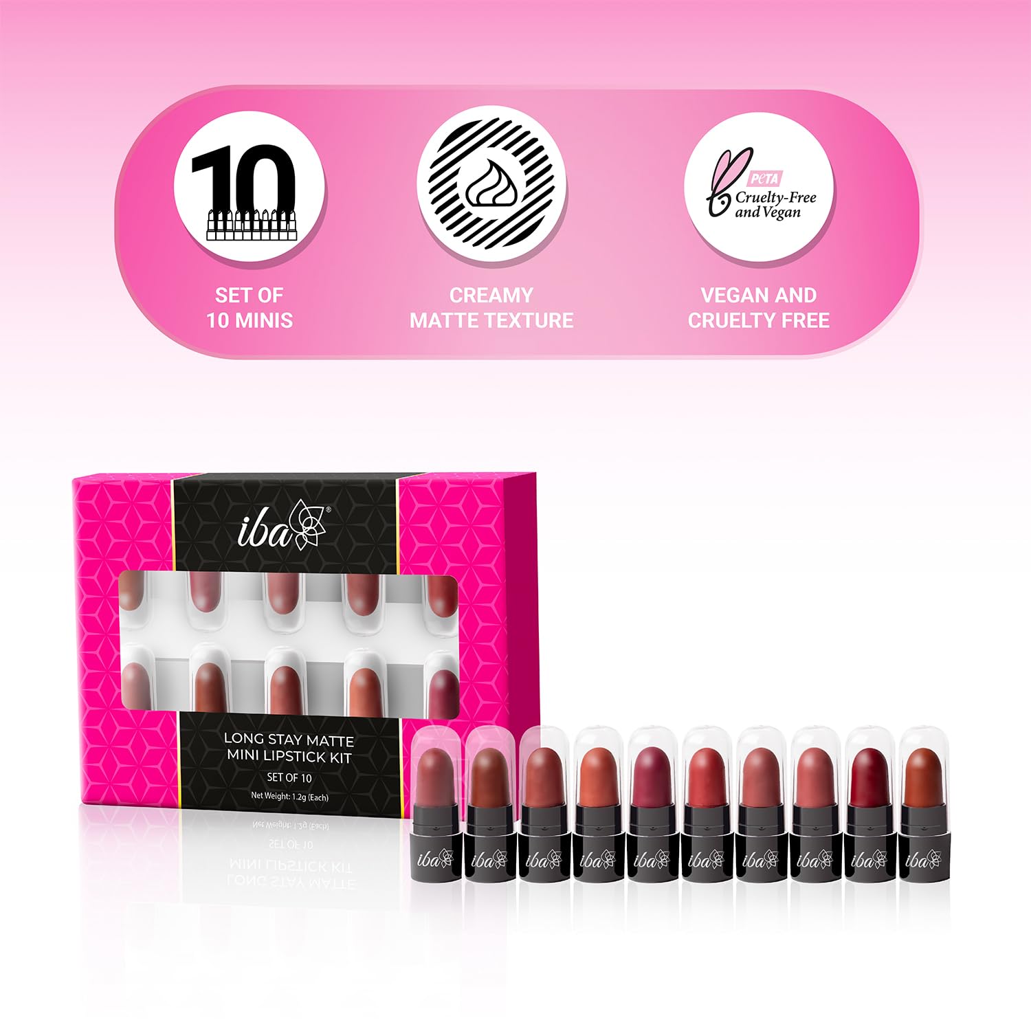 Iba Long Stay Creamy Matte Micro Mini Lipstick Kit | Bullet Matte Lipstick Set | Highly Pigmented and Long Lasting | Hydrating & Moisturizing Mini Lipsticks Set for Women | Mini Lipstick Combo Pack | (Set of 10) 12 g