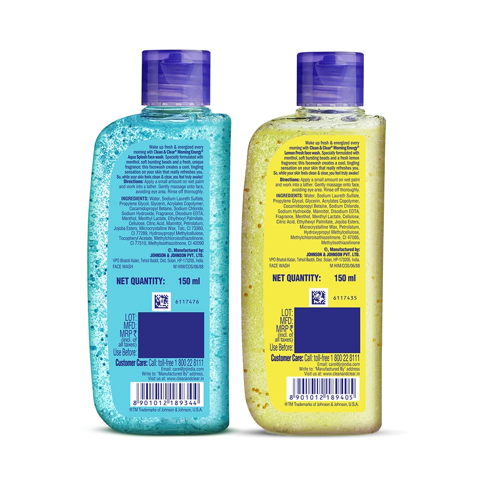 Clean & Clear Morning Energy Aqua Splash, Blue, 150 ml & Clean & Clear Morning Energy Lemon Fresh Face Wash, Yellow, 150 ml