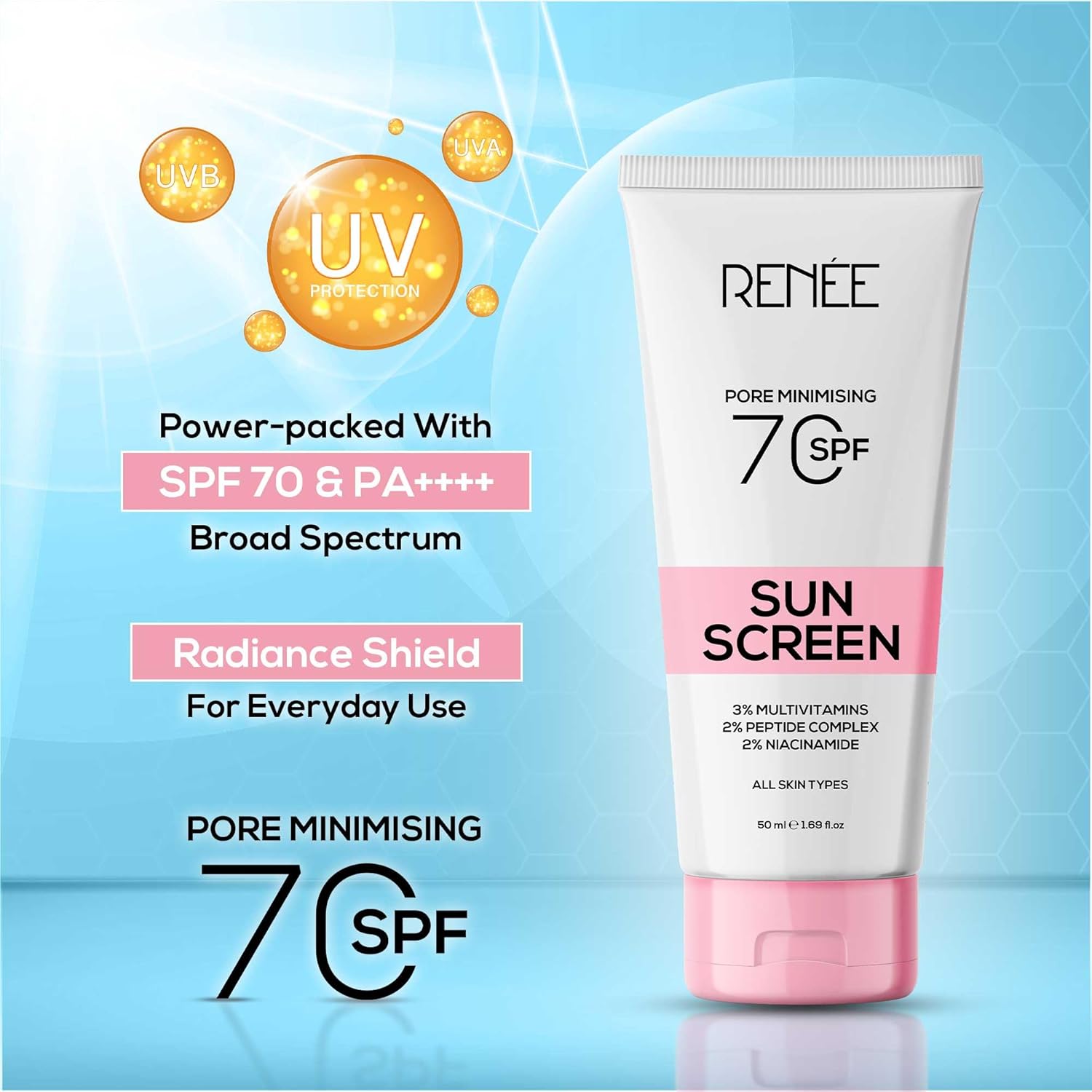 RENEE Pore Minimizing Sunscreen SPF 70 With 2% Niacinamide, 2% Peptide & 3% Multivitamins, 50Ml