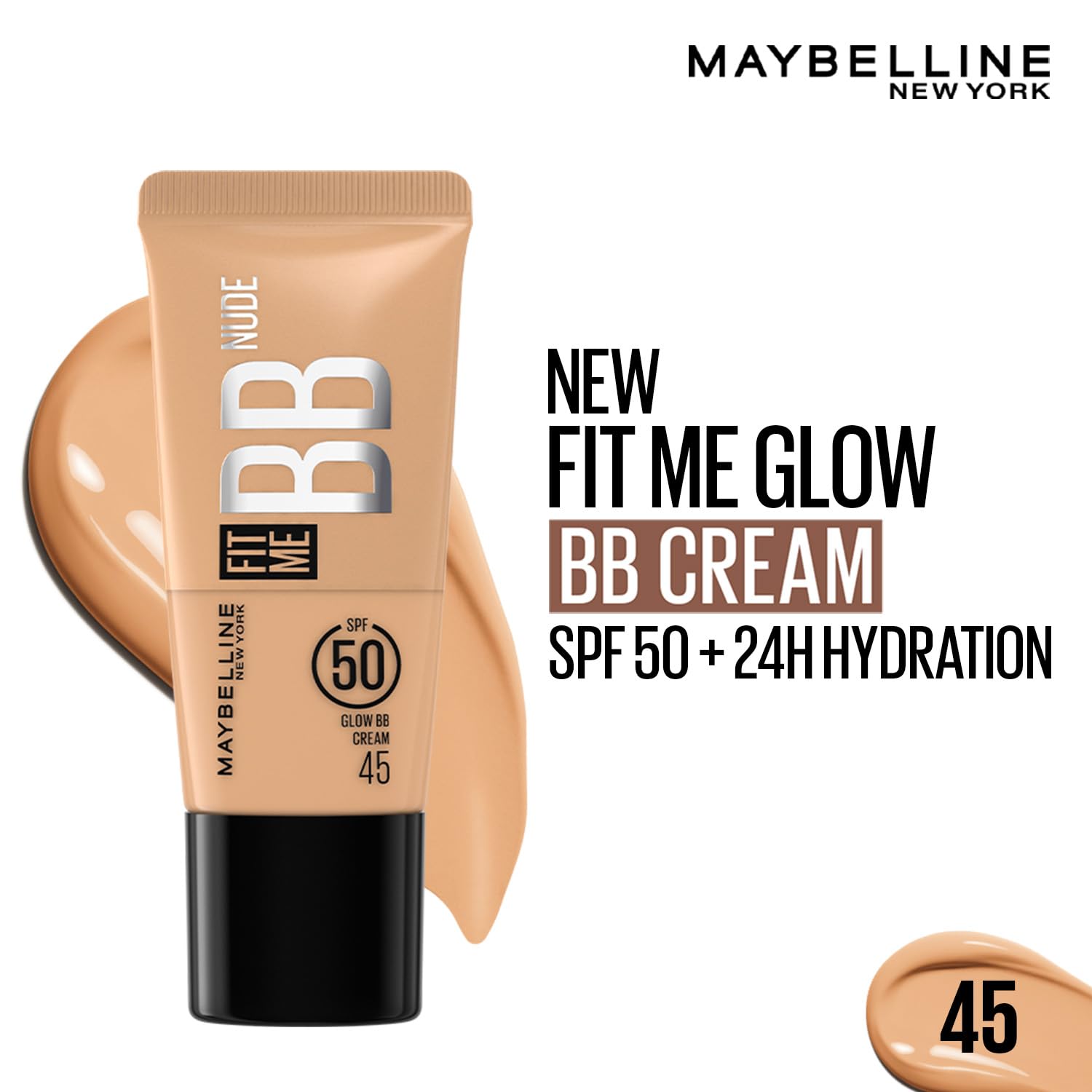 Maybelline New York Fit Me Glow BB Cream, SPF 50 + 24H Hydration With Niacinamide & Hyaluronic Acid, Dewy Finish for Normal to Dry Skin- Shade 45, 25ml