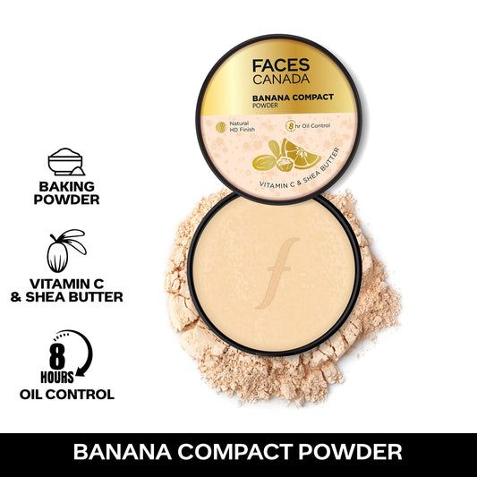 FACESCANADA Banana Compact Powder For All Skin Types 9G|8Hr Oil Control Complexion Enhancer|Smooth Matte HD Finish|Translucent Powder Sets Makeup|Blurs&Conceals|Radiant Flawless Skin|Vitamin C,Cream