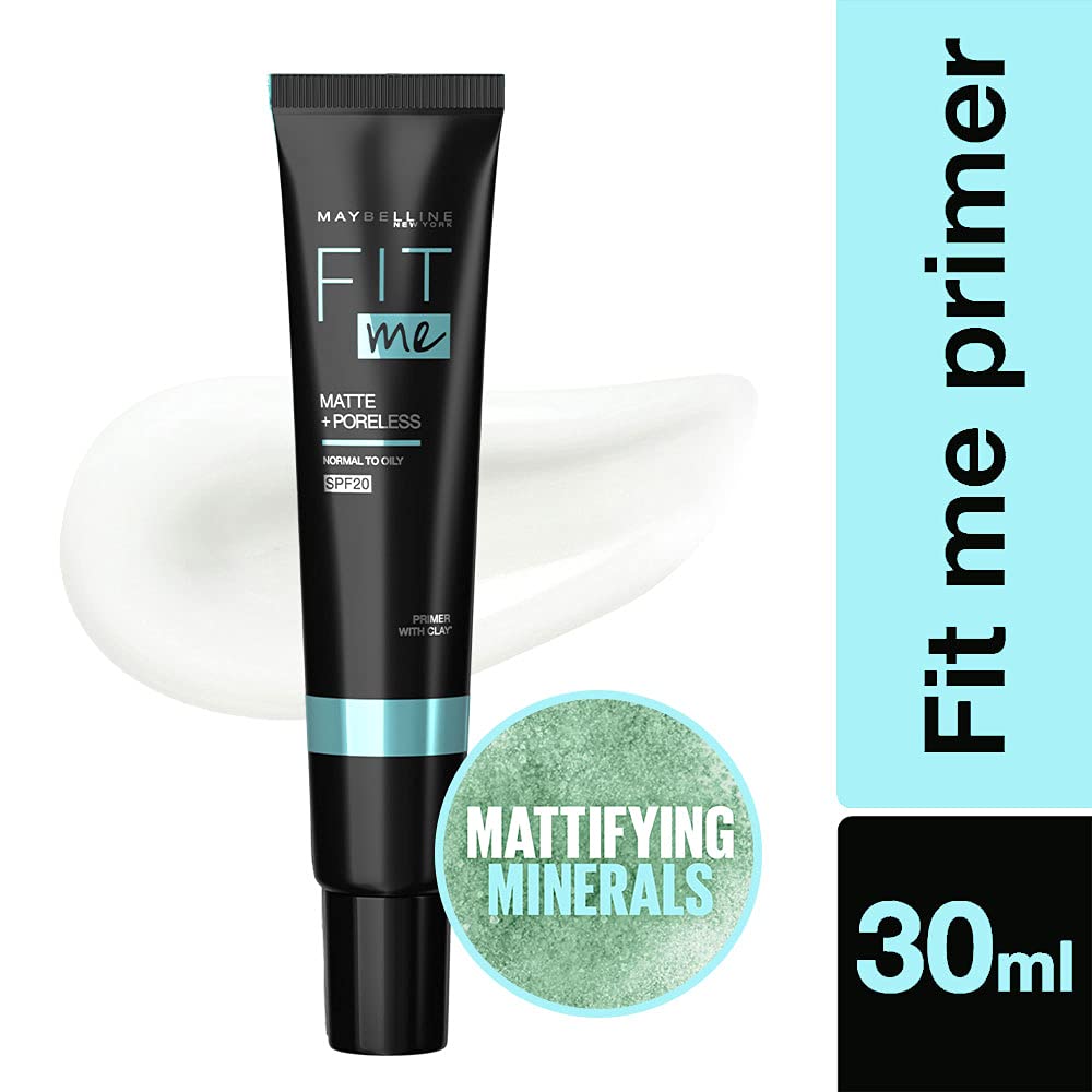 Maybelline New York Primer, Oils Absorbing, Moisturises and Smooths Skin, Long-lasting, Fit Me Matte + Poreless Finish, 30ml