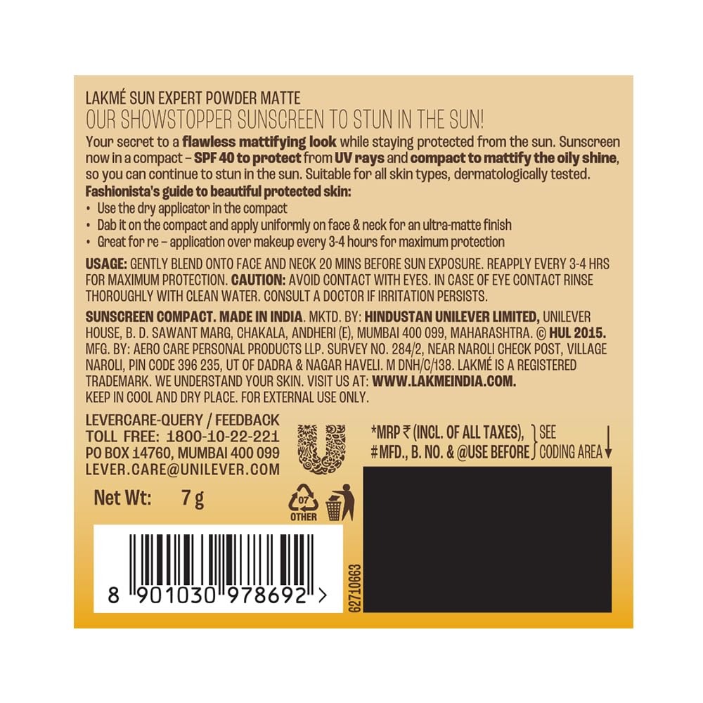 Lakme Sun Expert Ultra Matte Spf 40 Pa+++ Compact|| Non Greasy Non Sticky|| For Indian Skin|| Gives Even-Tone Complexion|| 7 g