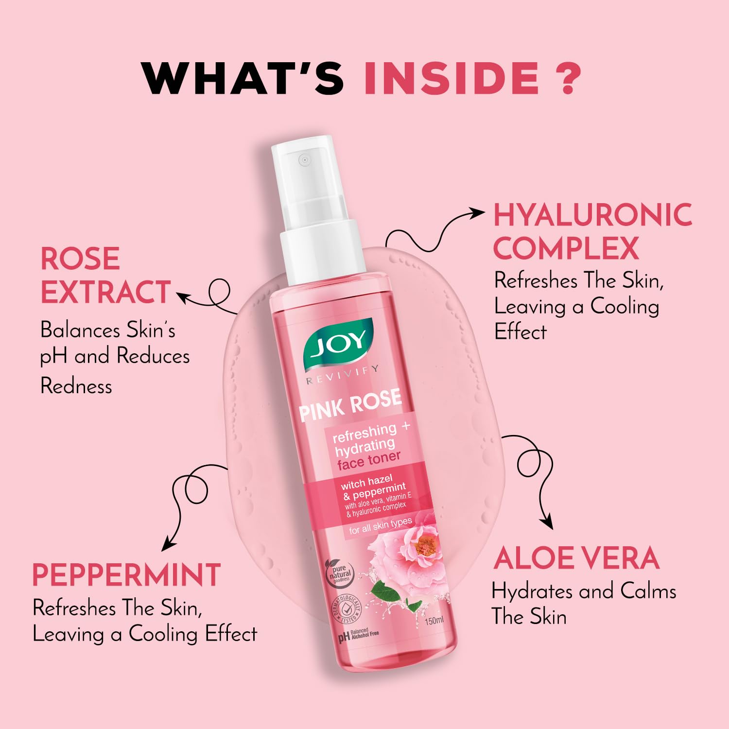 Joy Pink Rose Water Toner with Vitamin E, Hyaluronic Acid & Aloe Vera for Hydrating & Refreshing Skin (150ml)