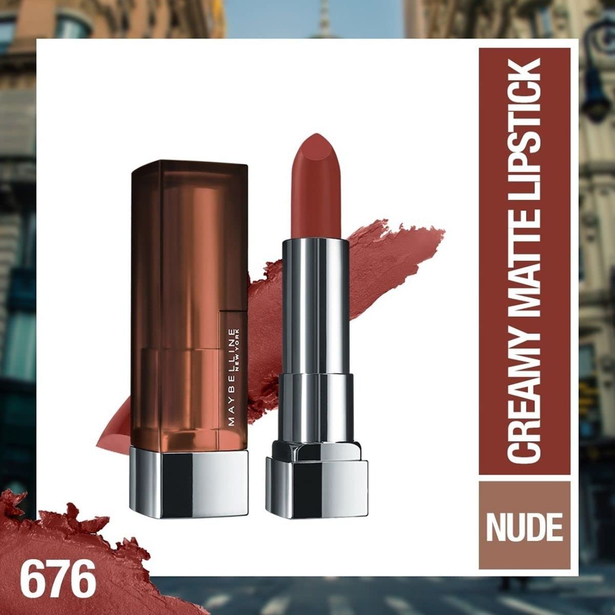 Maybelline New York Color Sensational Creamy Matte Lipstick lasts up to 12 hr, Hydrate Lips, Creamy Lipstick with Shea Butter, Available in 42 different Shades - 676 East Village Rose, 3.9g