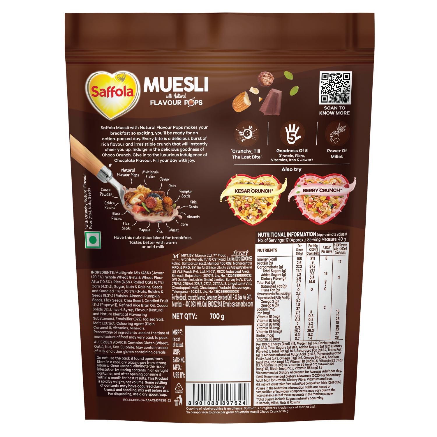 Saffola Muesli Choco Crunch with Flavour Pops, 700 gm |