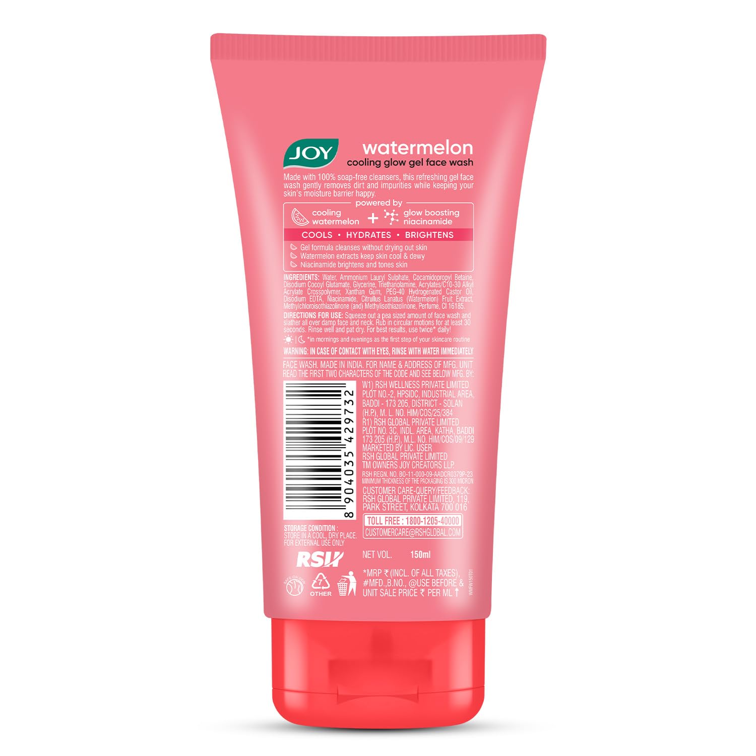 Joy Watermelon Cooling Glow Gel Face Wash with Niacinamide & Glycerine | Hydrating Daily Facial Cleanser for Glowing Skin | Removes Dirt, Oil & Impurities | For All Skin Types | 150ml