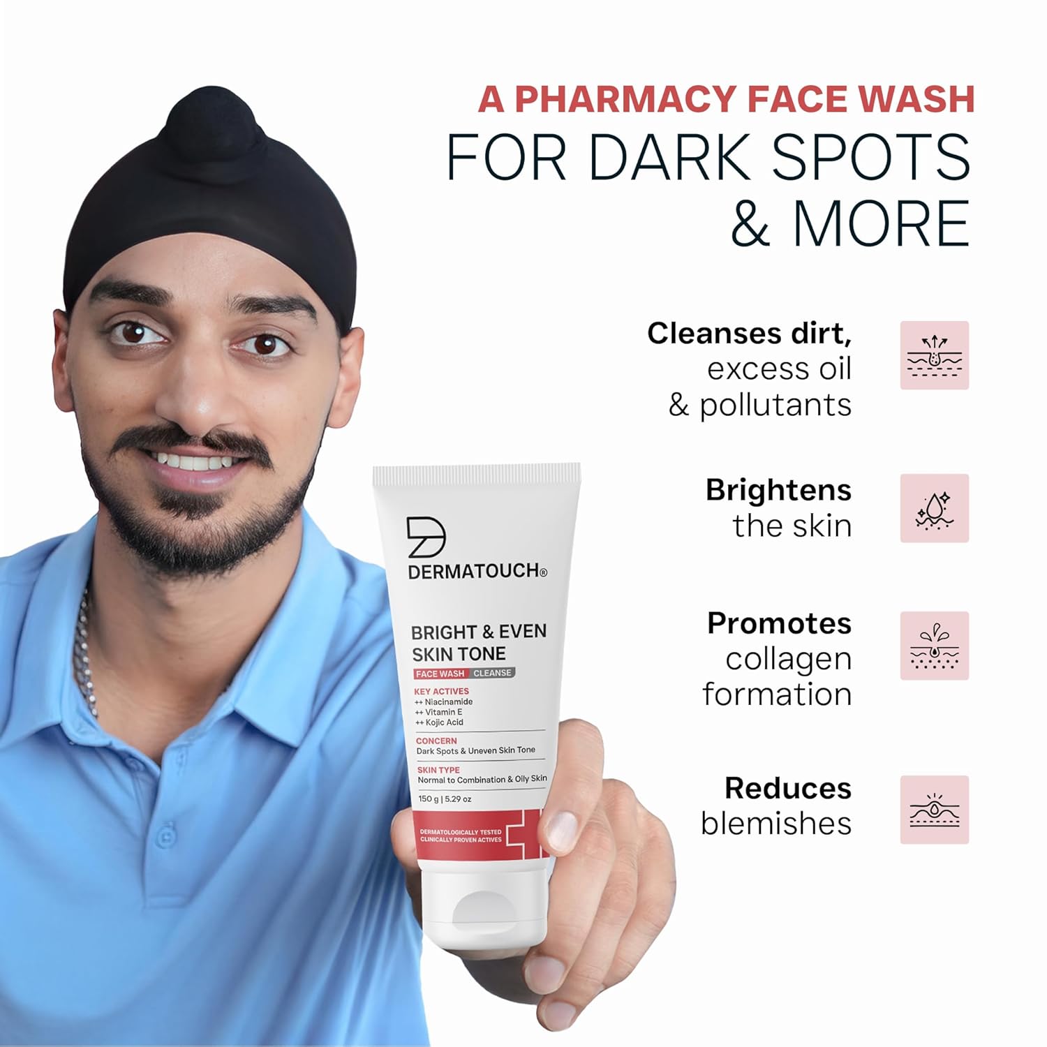 DERMATOUCH Bright & Even Tone Face Wash with Niacinamide, Vitamin E and Kojic Acid | For Tan, Pigmentation Dark Spots & Uneven Skin Tone | Oil Control | Dermatologist Tested | For Men & Women | 150g