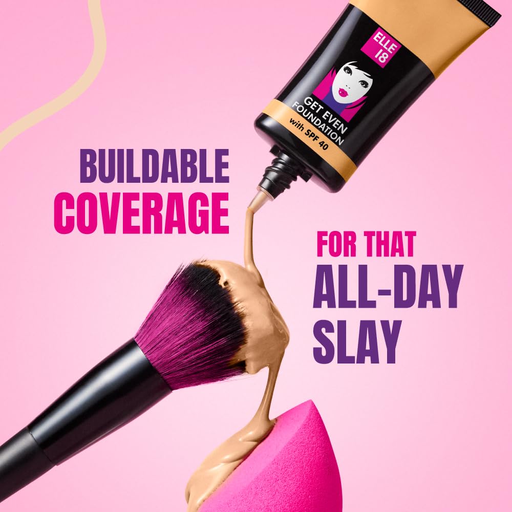 ELLE 18 Get Even Foundation, Natural Marble, Matte Finish, 27 ml, for Long-Lasting Radiance, with SPF 40 & Vitamin E, Medium to Buildable Coverage, Moisturising Formula, 27 ml