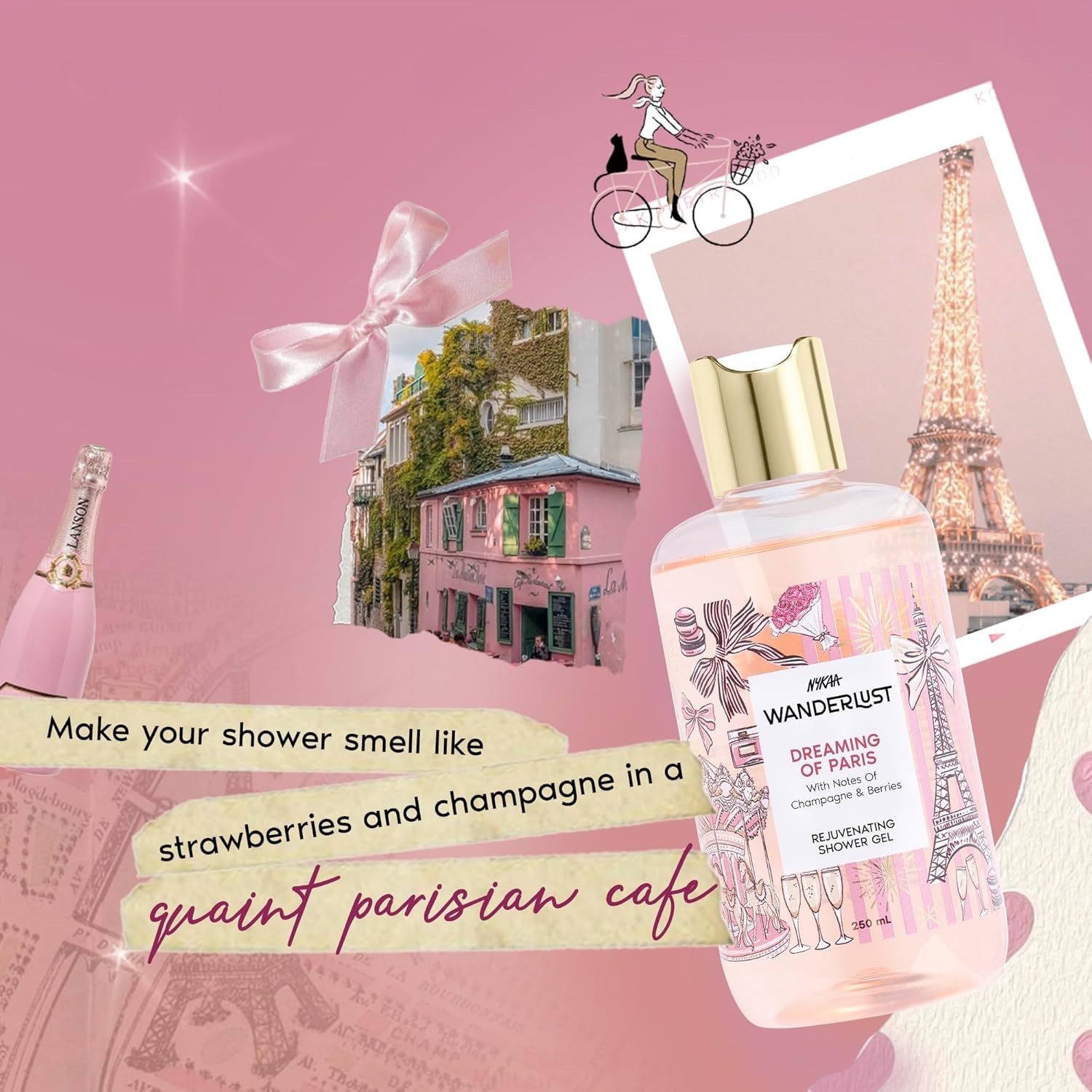 Nykaa Wanderlust Dreaming of Paris Fruity Clensing Shower Gel, Champagne & Berries Fragrance, Vegan, Cruelty-Free, No Parabens, Rejuvenating Body Wash for Women