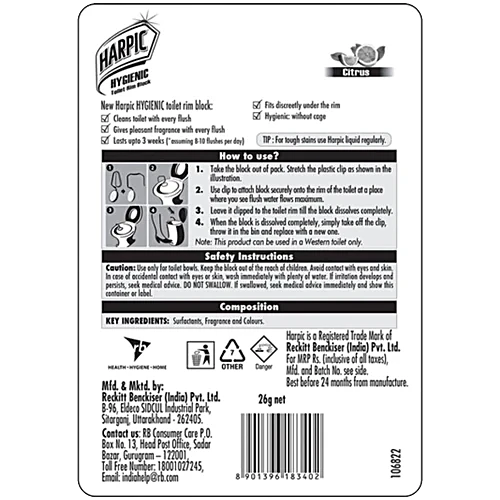 Harpic Hygienic Toilet Cleaner Rim Block - Citrus, 26 g