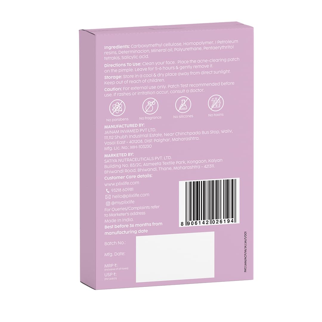 PLIX - THE PLANT FIX Acne Patch Transparent, Waterproof with 0.5% Salicylic Acid | Ultra-thin with 100% Hydrocolloid | For Pimple Skin | 2 Sizes |36 patches