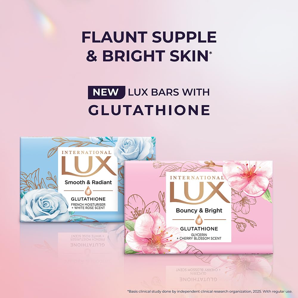 LUX International Bouncy & Bright Bathing Soap, 4 x 130g, LUXURIOUS BATHING EXPERIENCE, for Hydrated & Radiant Skin, with Glutathione & Glycerin, Improves Skin Texture, Cherry Blossom Fragrance