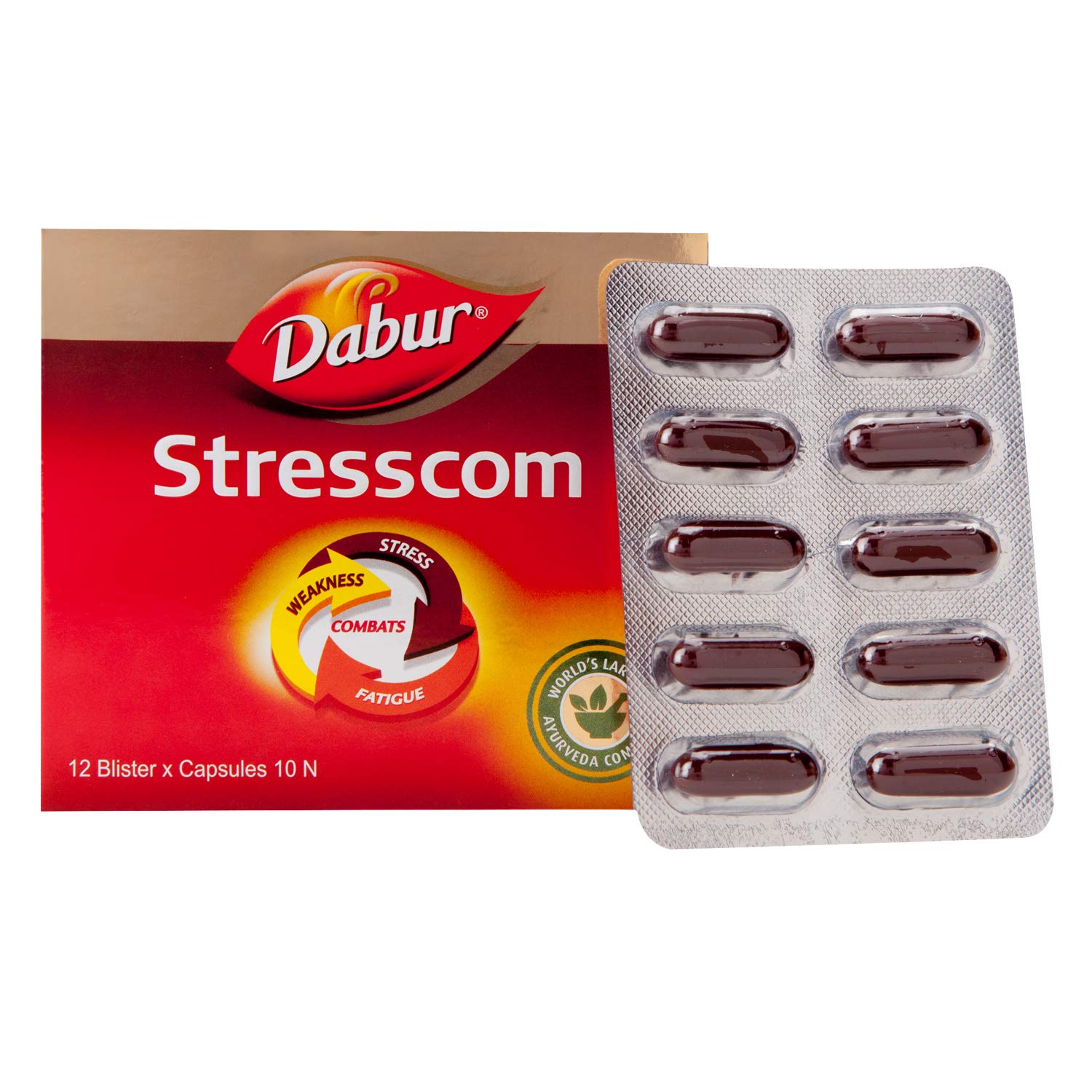 Dabur Ayurvedic Stresscom Capsules (10caps) for relieves stress helping in insomnia, depression