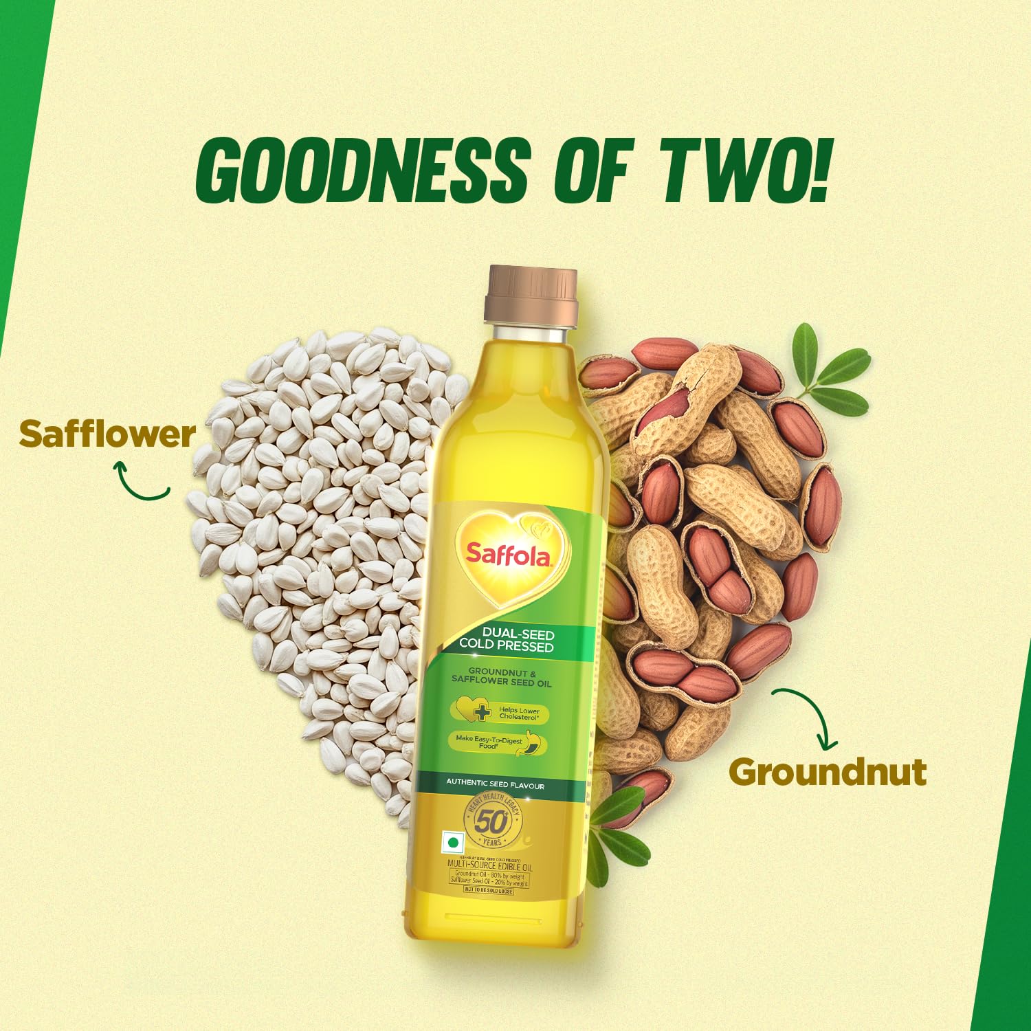 Saffola Cold Pressed Oil, Goodness of 2 - Groundnut & Safflower | Helps Lower Cholesterol, Make Easy-To-Digest Food | 1L Pet Bottle
