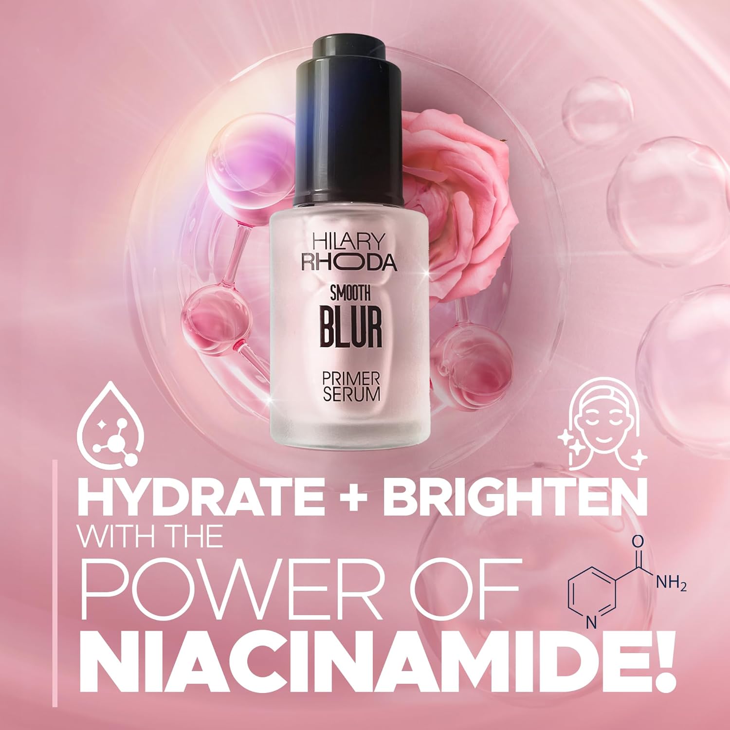 Hilary Rhoda Smooth Blur Primer Serum for face | Pore Minimizer | Niacinamide Infused | Hydrating Makeup Primer | Smooth & Glowing Skin | (Rose Shade 01) - 30ml