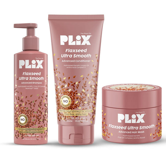 PLIX THE PLANT FIX Flaxseed Keratin Smoothening Mask, Shampoo & Conditioner | Plant Keratin PF | Flaxseed Oil | Softer, Smoother Hair | Pack of 3 | 200gm + 200ml + 175ml |