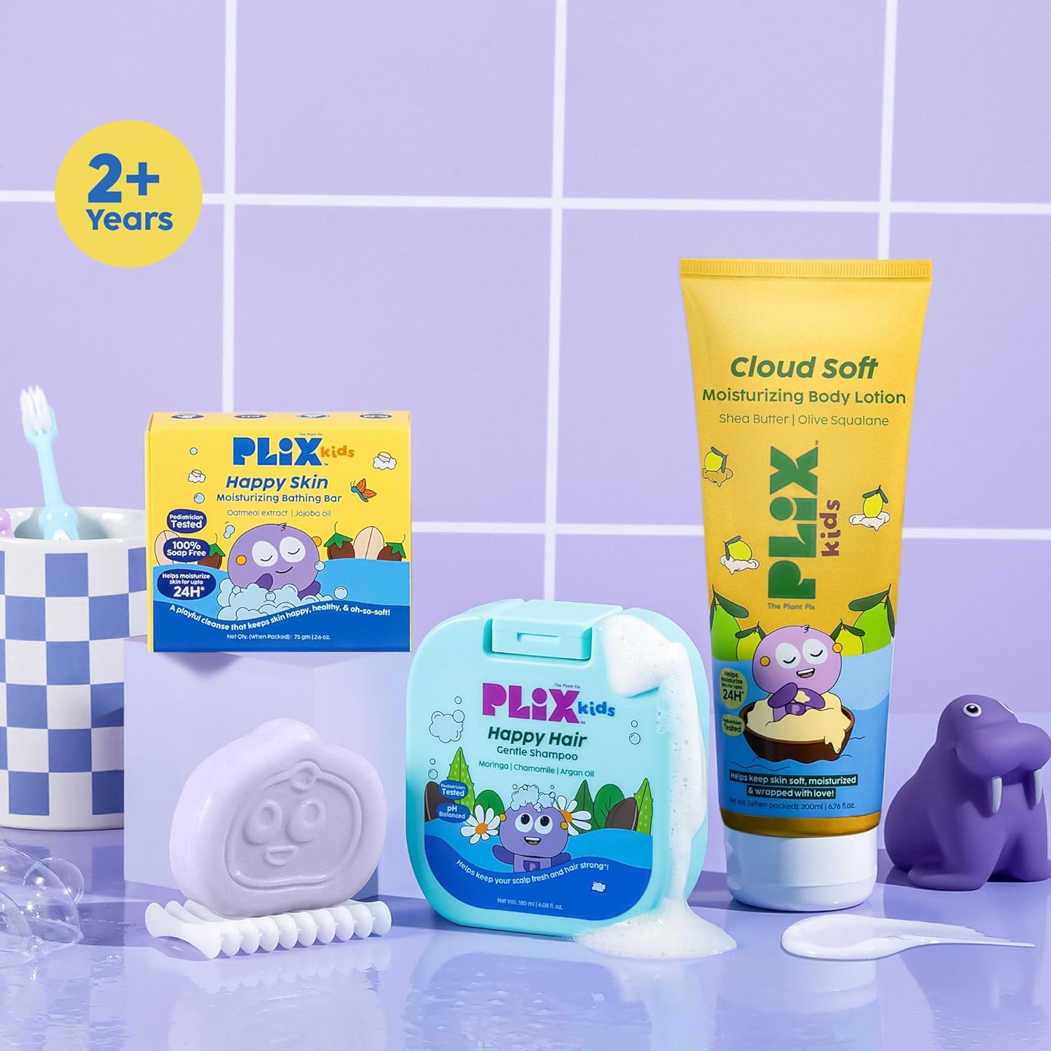 PLIX THE PLANT FIX Kids™ Cloud Soft Body Lotion, Happy Skin Moisturizing Bathing Bar & Happy Hair Gentle Shampoo | Gentle Cleansing, Deep Hydration & Nourishment | Pediatrician Approved | For Kids 2-6 Years