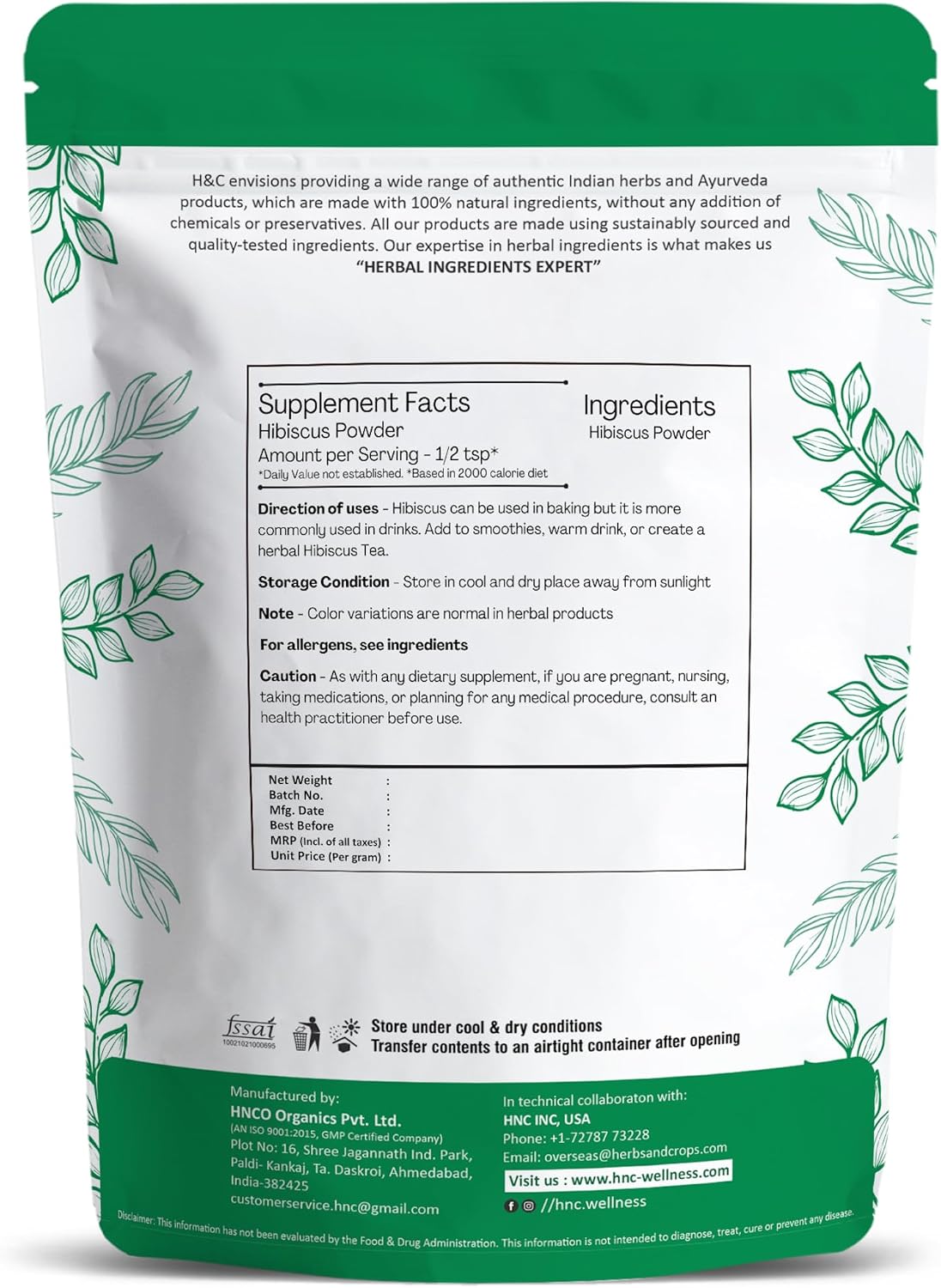 H&C Herbal Ingredients Expert 100% Natural Hibiscus Powder – 227g for For Face Pack & Hair Growth