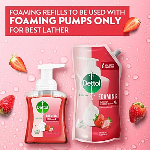 Dettol Foaming Handwash - Pump + Refill Combo, Strawberry, Rich Foam, Moisturizing, Soft On Hands, 250 ml (200 ml Refill Pack)