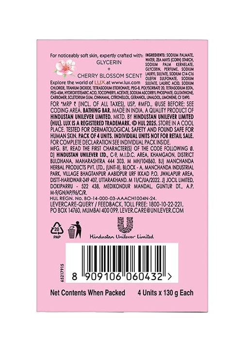 LUX International Bouncy & Bright Bathing Soap, 4 x 130g, LUXURIOUS BATHING EXPERIENCE, for Hydrated & Radiant Skin, with Glutathione & Glycerin, Improves Skin Texture, Cherry Blossom Fragrance