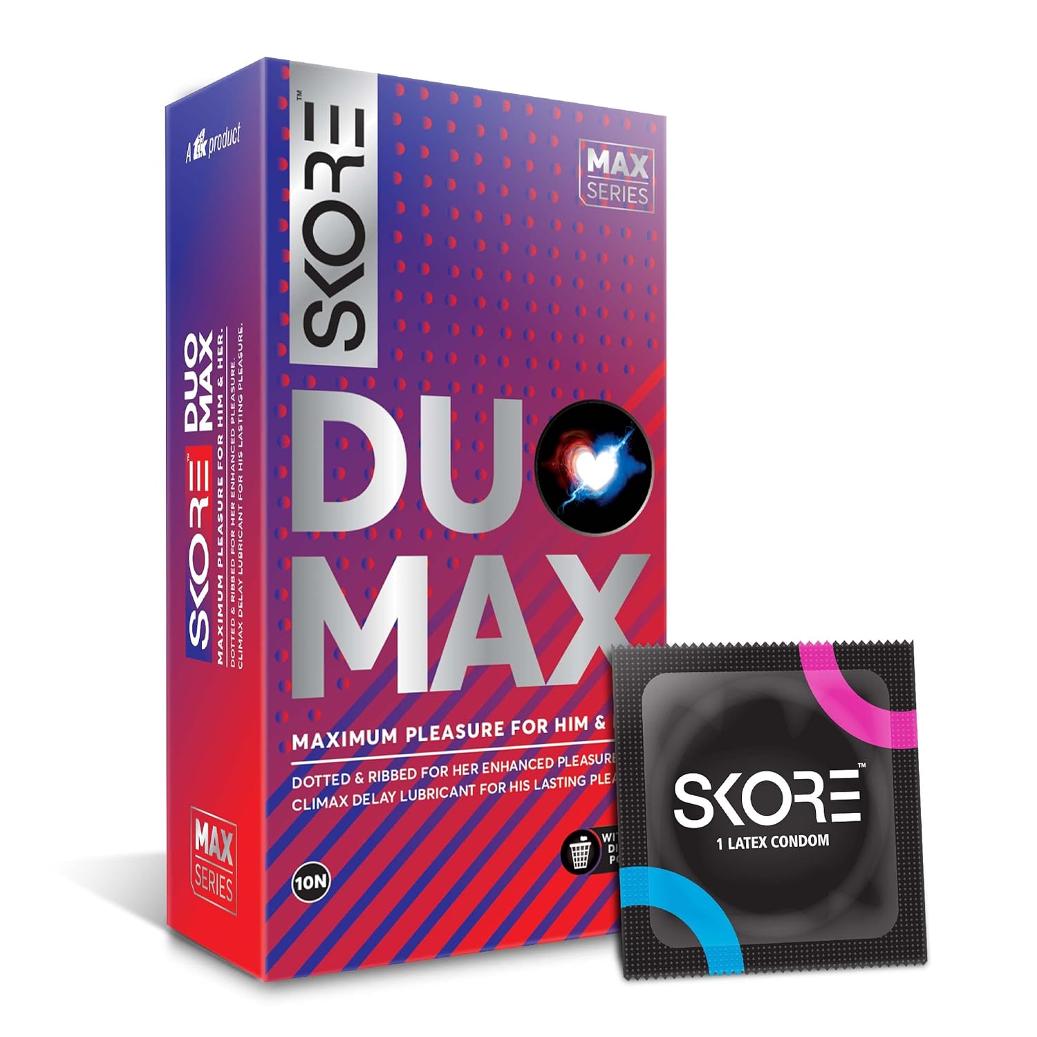 Skore Duo Max - Premium Pleasure Condoms for Him and Her with Disposal Pouches|Dotted & Ribbed|Performa Lubricant for Long Lasting Climax Delay |Suitable for use with lubes & toys- 1 Pack (10 pieces)