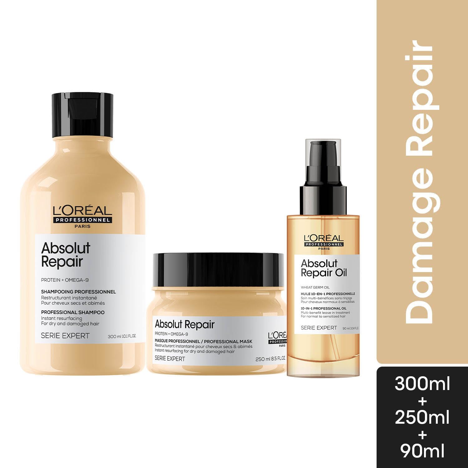 LOreal Professionnel Absolut Repair Shampoo, Hair Mask & Hair Serum, Serie Expert - combo - 300ml+250ml+90l