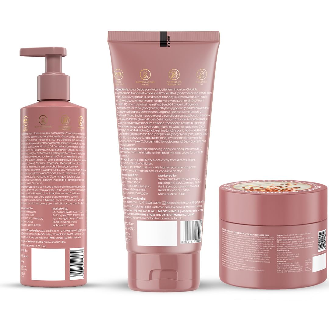 PLIX THE PLANT FIX Flaxseed Keratin Smoothening Mask, Shampoo & Conditioner | Plant Keratin PF | Flaxseed Oil | Softer, Smoother Hair | Pack of 3 | 200gm + 200ml + 175ml |