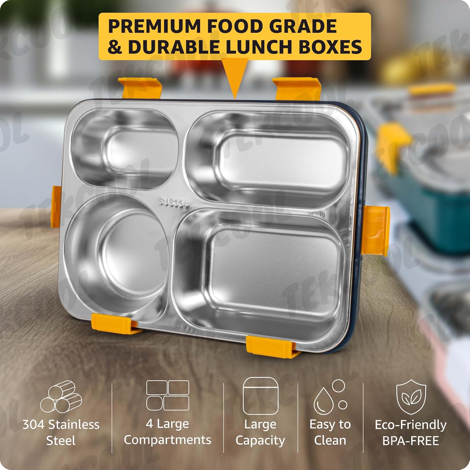 TEKCOOL Lunch Box for Adults - Lunch Box for Kids - with Spoon & Fork - Stainless Steel Lunch Box with 4 Compartment