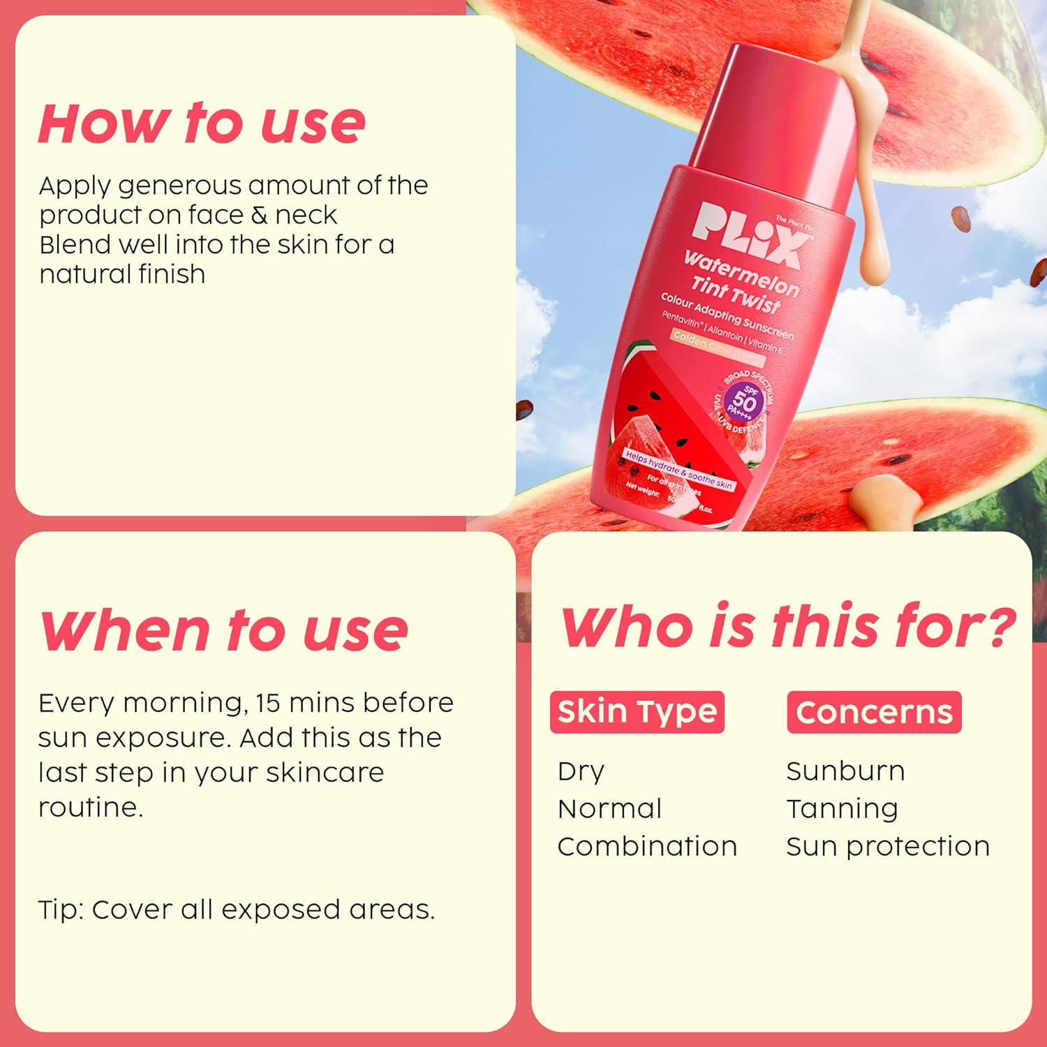 PLIX - THE PLANT FIX Watermelon Tint Twist Color-Adapting Sunscreen | For light coverage & instant glow | SPF 50 PA++++ | Pentavitin®, Suncat DE™ | Sun Damage & Tan Repair | low to medium coverage | Light Golden Glow