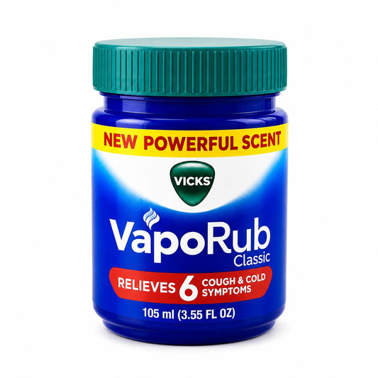 Vicks Vaporub Relief From Cold, Cough, Blocked Nose, Headache, Body ache, Muscular stiffness and Breathing difficulty, 105ml