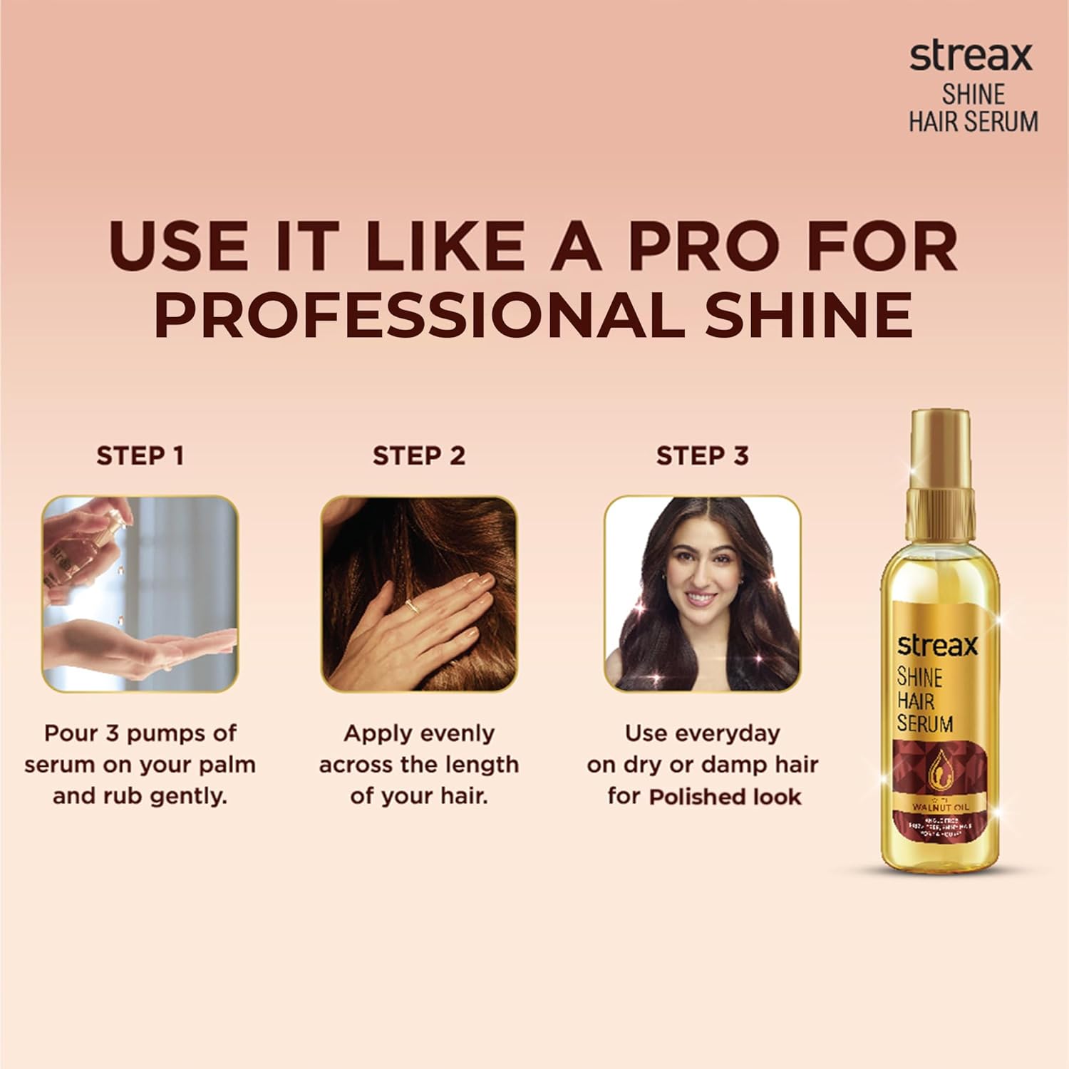 Streax Hair Serum 115ml, Hair serum for Dry & Frizzy Hair, for Women & Men, for Curly Hair, Wavy Hair, Straight Hair, Silk & Shine Vitalised with Walnut Oil