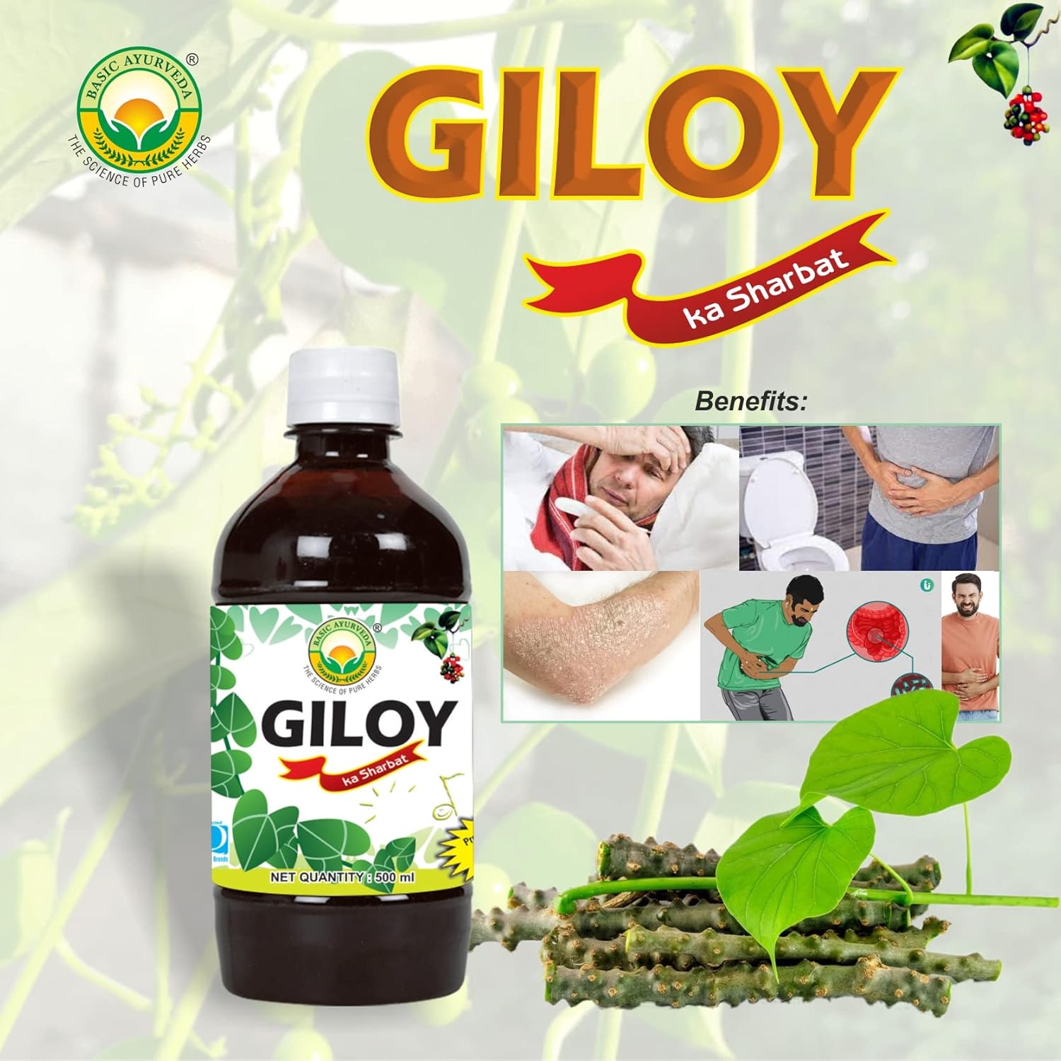 BASIC AYURVEDA Giloy Ka Sharbat 500 Ml For high levels of blood sugar, cold and cough