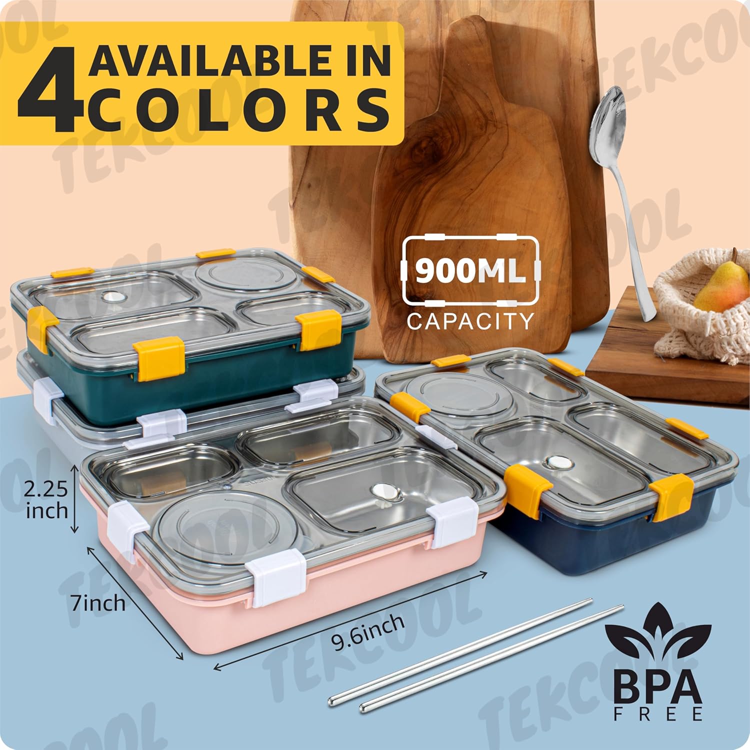 TEKCOOL Lunch Box for Adults - Lunch Box for Kids - with Spoon & Fork - Stainless Steel Lunch Box with 4 Compartment