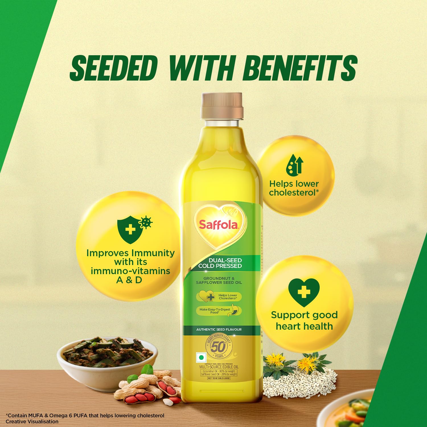 Saffola Cold Pressed Oil, Goodness of 2 - Groundnut & Safflower | Helps Lower Cholesterol, Make Easy-To-Digest Food | 1L Pet Bottle