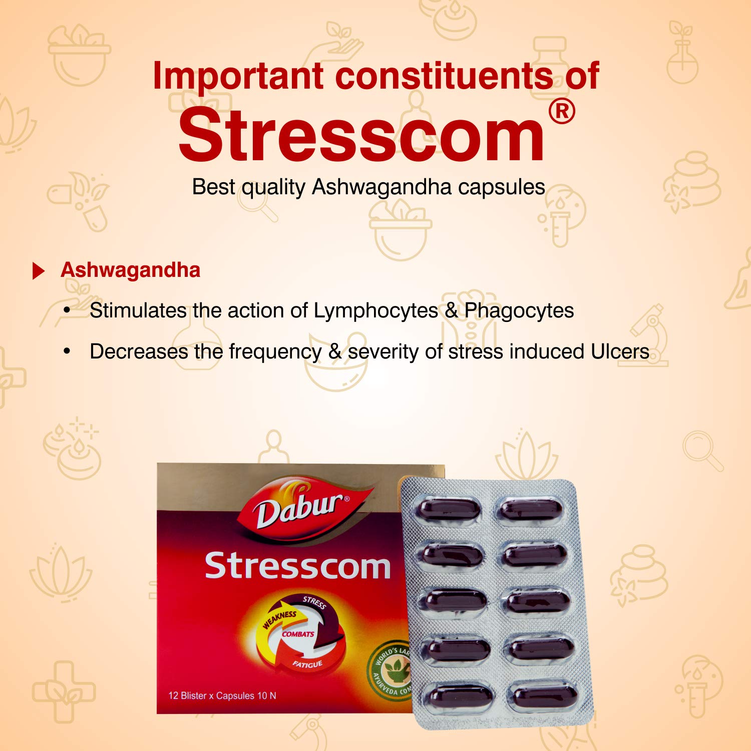 Dabur Ayurvedic Stresscom Capsules (10caps) for relieves stress helping in insomnia, depression