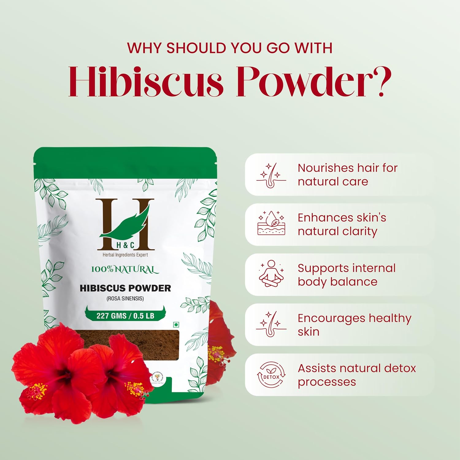H&C Herbal Ingredients Expert 100% Natural Hibiscus Powder – 227g for For Face Pack & Hair Growth
