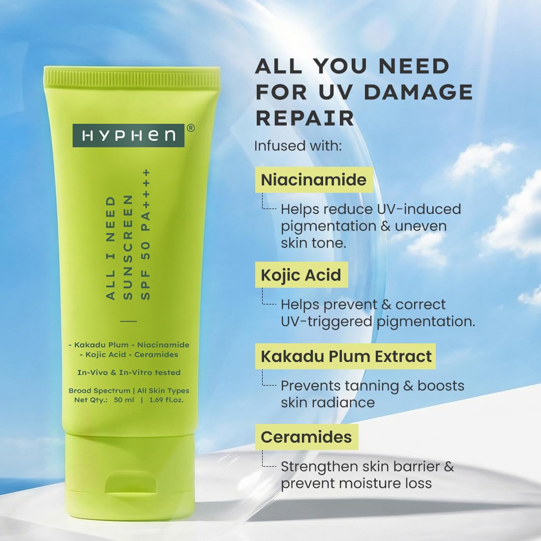 Hyphen All I Need Sunscreen SPF50 PA++++, Moisturizes, Repairs UV Damage, In-Vivo Tested (50ml)