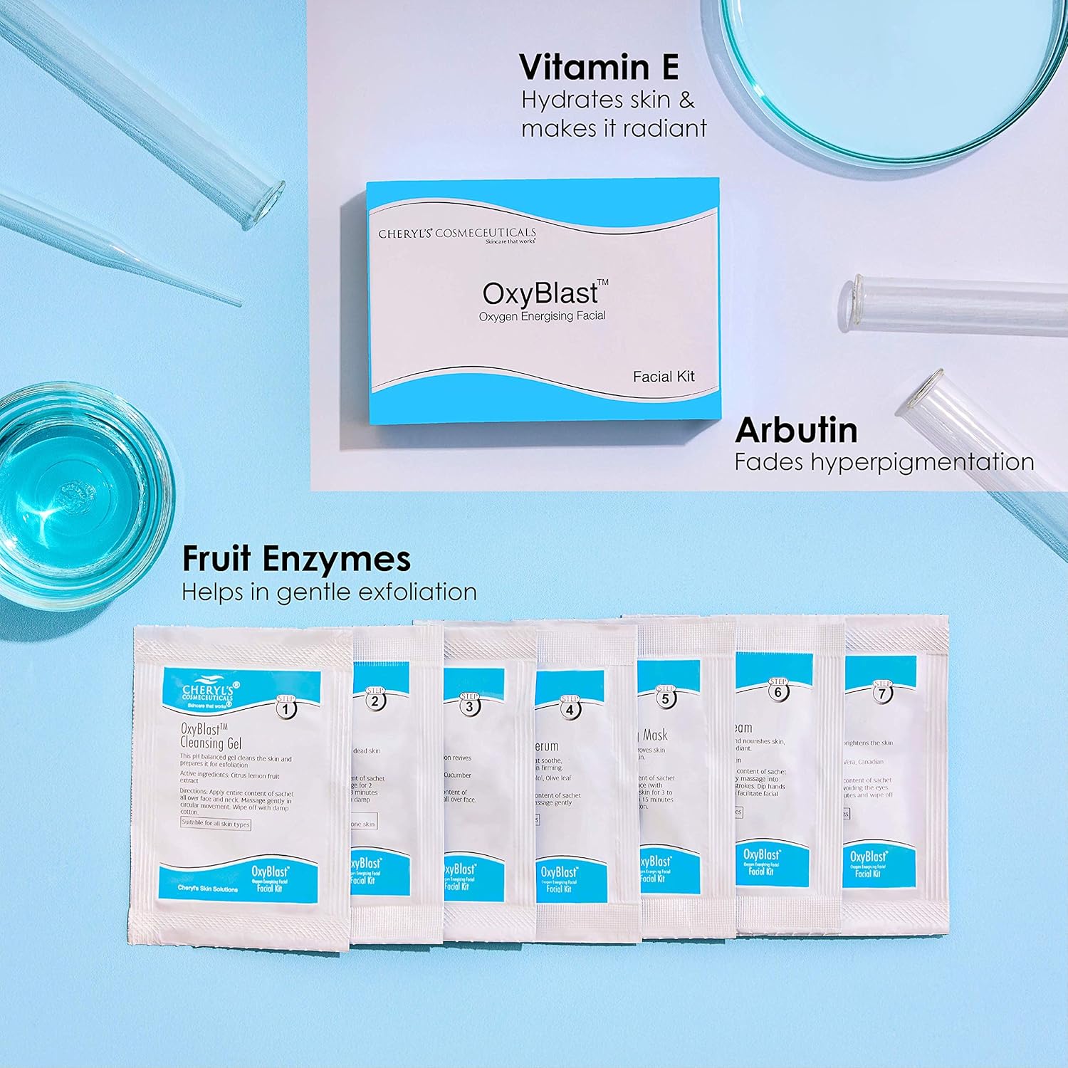 Cheryl’s Cosmeceuticals Oxyblast: Facial Kit With 7 Step Sachets for Radiant and Glowing Skin – 24.5gm