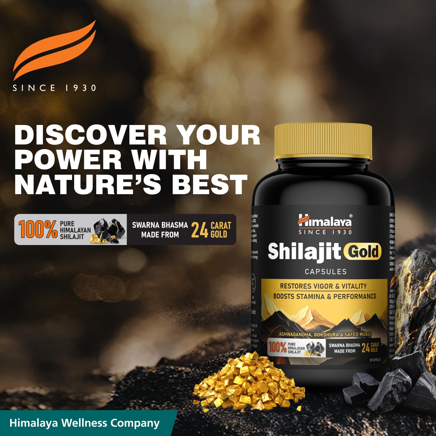 Himalaya Shilajit/Shilajeet Gold Capsules | 100% Pure Himalayan Shilajit + 24 Carat Gold | 20 Capsules