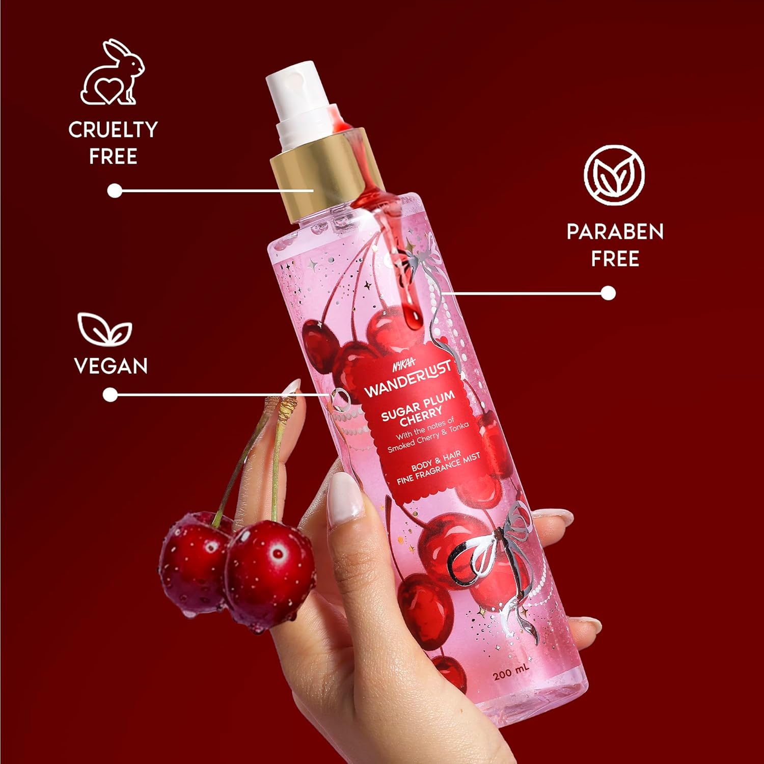 Nykaa Wanderlust Sugar Plum Cherry Body & Hair Fine Fragrance I Perfume Mist for Women – 200 ml I Cherry & Raspberry |
