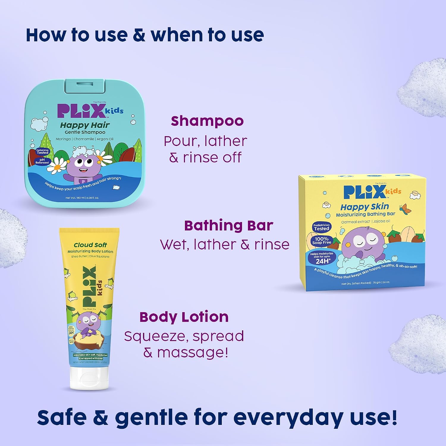 PLIX THE PLANT FIX Kids™ Cloud Soft Body Lotion, Happy Skin Moisturizing Bathing Bar & Happy Hair Gentle Shampoo | Gentle Cleansing, Deep Hydration & Nourishment | Pediatrician Approved | For Kids 2-6 Years