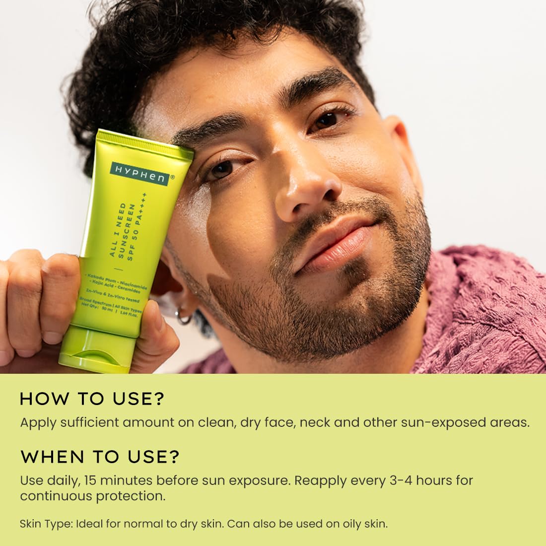 Hyphen All I Need Sunscreen SPF50 PA++++, Moisturizes, Repairs UV Damage, In-Vivo Tested (50ml)