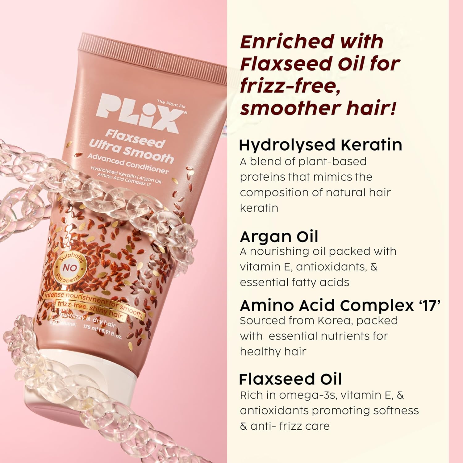 PLIX THE PLANT FIX Flaxseed Keratin Smoothening Mask, Shampoo & Conditioner | Plant Keratin PF | Flaxseed Oil | Softer, Smoother Hair | Pack of 3 | 200gm + 200ml + 175ml |