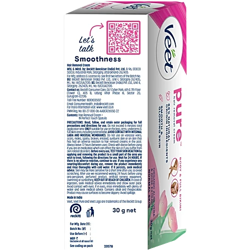 Veet Pure Hair Removal Cream - Normal Skin, For Women, 30 g