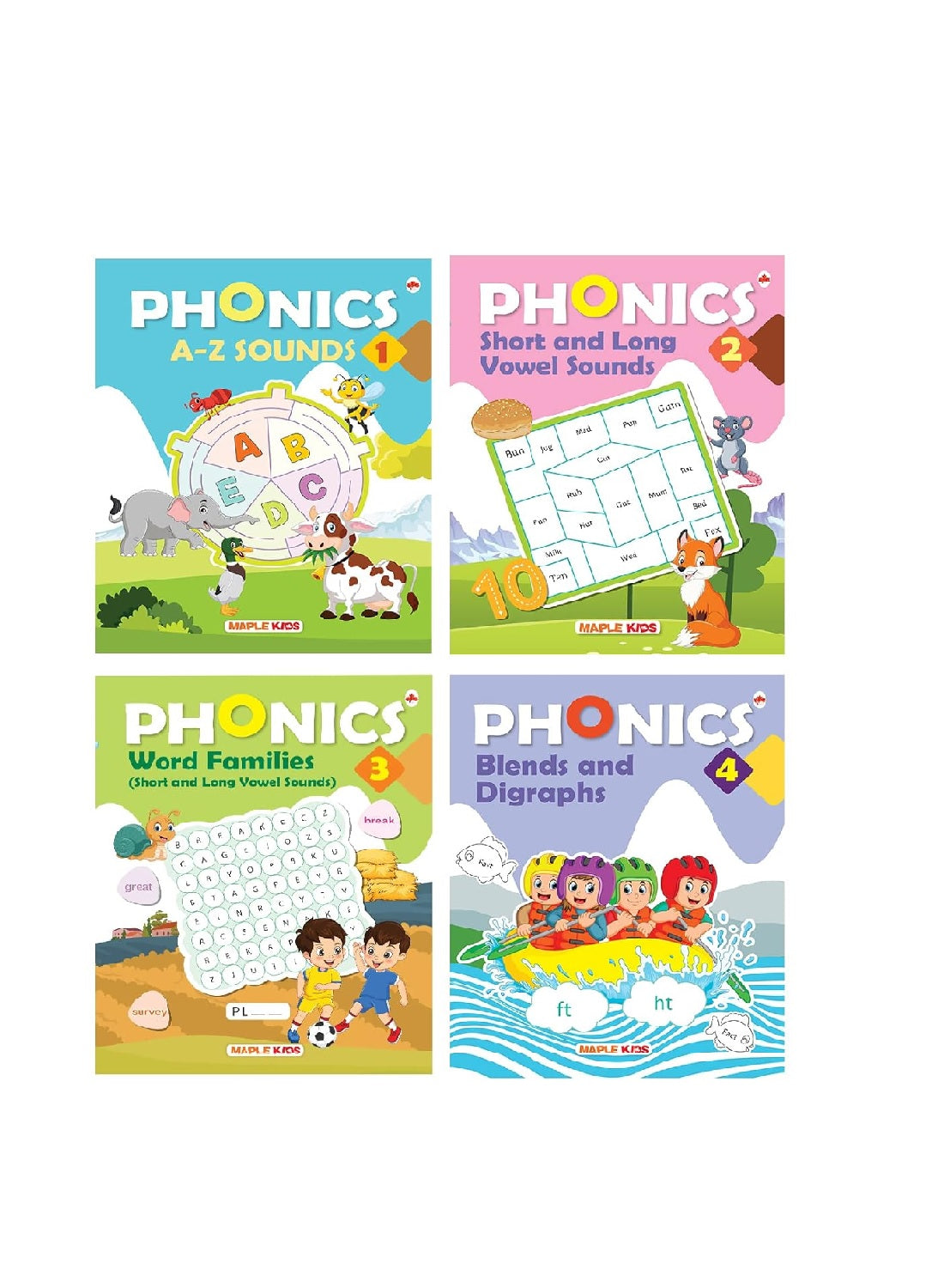 Phonics Reader (Set of 4 Books) - Alphabet Sounds, Short and Long Vowel Sounds, Word Families, Blends and Digraphs - Activity Book for Kids