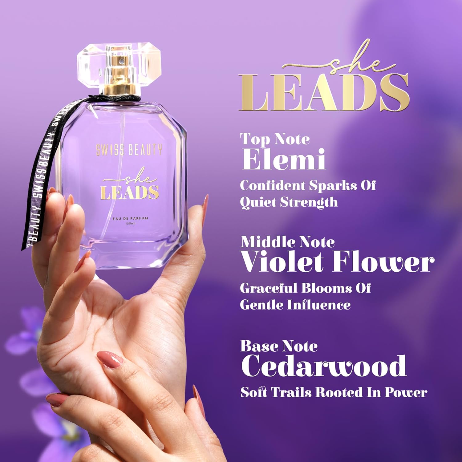Swiss Beauty She Leads EDP, 100ml | Long-Lasting | Ideal For Gifting | Everyday Wear | Top Note: Elemi | Middle Note: Violet Flower | Base Note: Musk