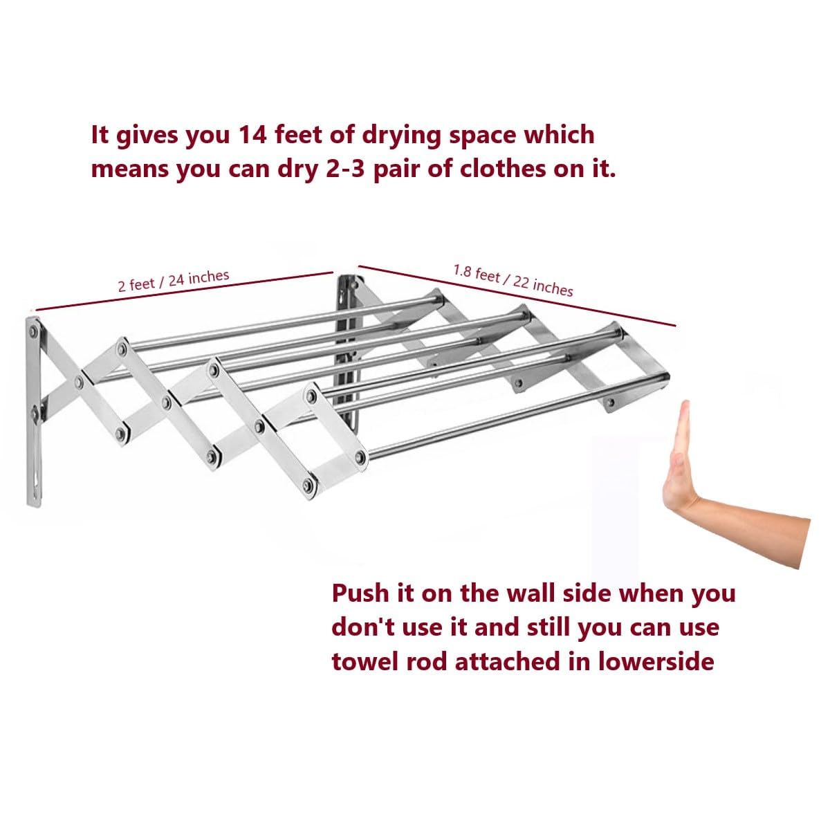 Drumstone (𝐒𝐩𝐞𝐜𝐢𝐚𝐥 𝟏𝟓 𝐘𝐞𝐚𝐫𝐬 𝐖𝐚𝐫𝐫𝐚𝐧𝐭𝐲 Stainless Steel Wall Mounted Foldable Zig Zag Clothes Drying Stand | Heavy Duty 7 Rod 2 Feet Towel & Laundry Rack | Balcony