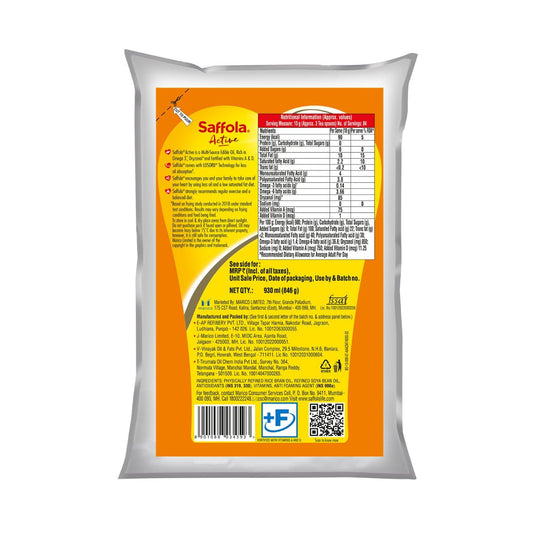 Saffola Active Refined Cooking oil | Rich in Omega 3 & Oryzanol | Multi-Source Edible Rice Bran & Soyabean oil | 930ml / 850g pouch